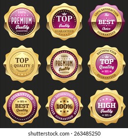 Collection of purple top quality badges with gold border