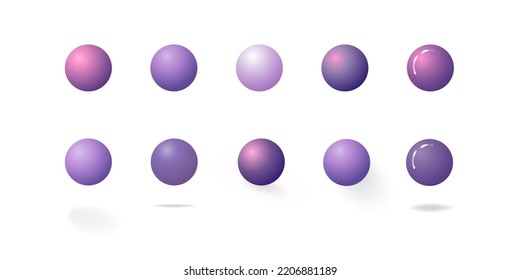 Collection of purple violet gradient 3d rendered bubble spheres with different perspective of shadows, isolated on white background. Editable Vector Illustration.