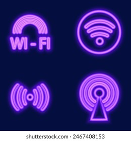 collection of purple Wi-Fi wave signal signs isolated on dark background. Vector illustration.