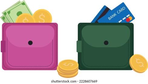 Recaudación de bolsos con dinero. Vector de riqueza que extrae dinero en efectivo en la cartera