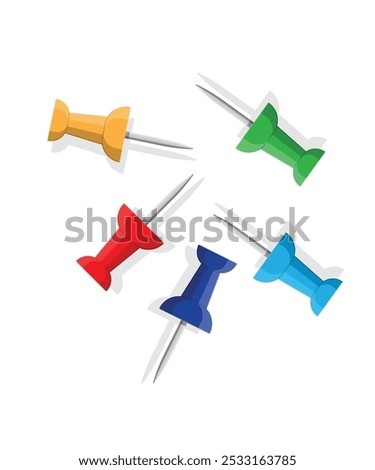 Collection of push pins. Set of push pins in different colors. Thumbtacks. stock illustration