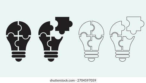 A collection of puzzle lightbulb vector icons symbolizing ideas, problem solving, creativity, and innovation. Presented in a minimalist and modern style, perfect for business concepts, brainstorming t