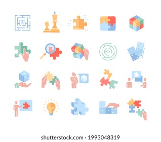 Collection of Puzzle Vector Line Icons. Idea, Thinking Man, Chess, Finding Solution, Problem Discussion, Puzzle Pieces. Set of Simple Style Colored Vector Illustrations Isolated On White Background
