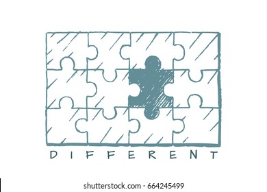 A collection of puzzles. One of them is black. Vector concept illustration. Hand drawn sketch. Lettering different.