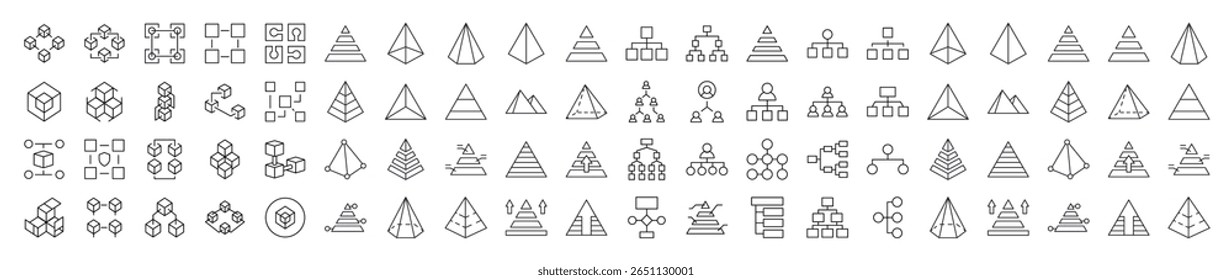 Coleção de Ícones de Linha Relacionados a Pirâmide, Hierarquia e Cubos. Outline Signs para Gráficos e Web Design, Apps, Anúncios, Vários Cartões