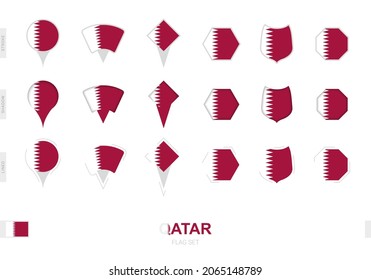 Collection of the Qatar flag in different shapes and with three different effects. Vector flag set.