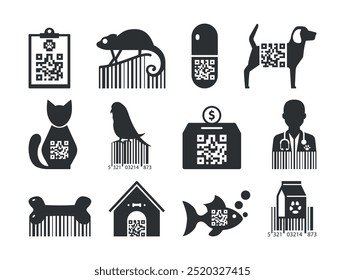 A collection of QR code icons for pet stores in the form of themed products and pets, designed to simplify access to important information and services of the store or clinic.