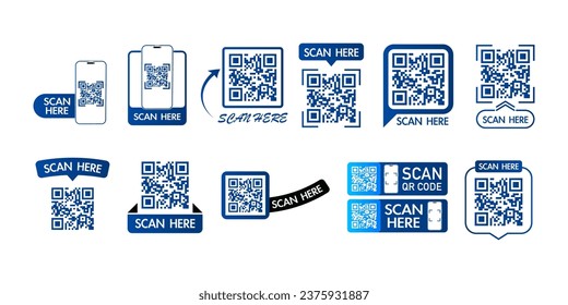 Sammlung von QR-Codes mit Inschriftensuche hier mit Smartphone. Set von Scan qr-Codesymbol. Qr-Code für Zahlung, mobile App und Identifikation. Vektorgrafik.