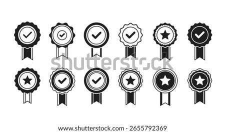 Collection of quality assurance badges and certification seals with checkmarks and stars