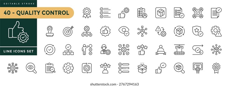 A collection of Quality Control icons set with editable stroke, including quality, process, testing, evaluation, inspection, product. Thin linear vector illustration.