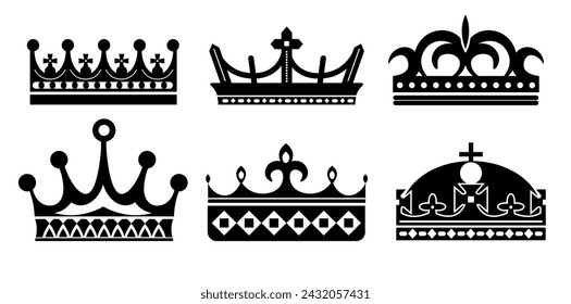 Collection of quality crowns. Symbol of monarchy power and legitimacy and divine authority by religious figures. Diadems and coronets design with arches, points and crosses. Vector in flat style