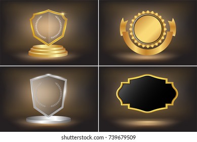 Collection of quality empty badges with gold border. Design elements for labels, seals, banners, badges, scrolls,certificate and ornaments .Vector