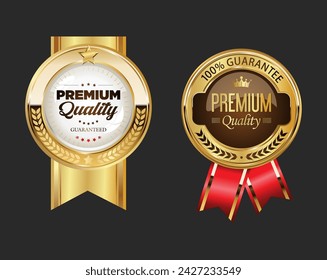 Collection of quality golden badges isolated on white background vector illustration 