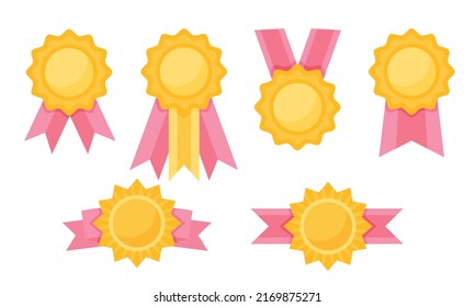 Collection quality guarantee gold medal with pink ribbon. Rosette hight quality mark award. Trophies with ribbon. Vector illustration in flat style isolated on white background