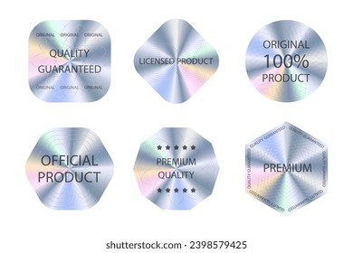 Collection of quality texture holographic sticker, product quality guarantee badge. Holograms for product packaging.