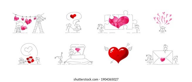 A collection of quality Valentines. Bundle of vector cute miniatures. Set of festive emojis. Characters are created in a linear style with a black line. Combined with brightly colored elements