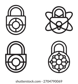 Uma coleção de ícones de bloqueio quântico apresentados em um estilo de silhueta distinto, adequado para interfaces digitais e conceitos de segurança.
