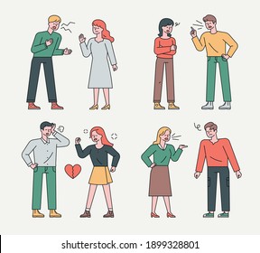  Collection of quarrelsome couples. Couples are yelling at each other and getting angry.flat design style minimal vector illustration.