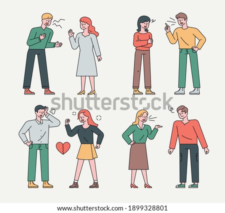  Collection of quarrelsome couples. Couples are yelling at each other and getting angry.flat design style minimal vector illustration.