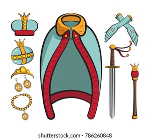 Collection of Queen accessories like crown, gloves and jewelry. Vector illustration