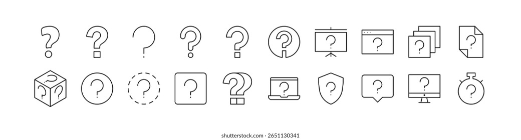 Coleção de Ícones de Linha Relacionados à Pergunta. Outline Signs para Gráficos e Web Design, Apps, Anúncios, Vários Cartões