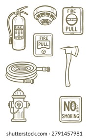 A collection of quick doodle fire safety equipment illustrations, featuring essential items like a fire extinguisher, smoke detector, and fire hydrant in a hand-drawn vector style