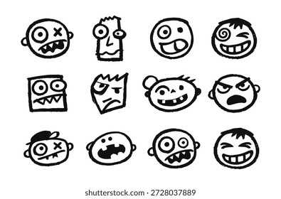 A collection of quirky hand-drawn doodle faces with expressive emotions in a rough black ink sketch style for creative graphic designs.