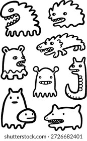 A collection of quirky, hand-drawn vector doodle monsters and whimsical creatures with distinct personalities, perfect for playful graphic design and children's themes