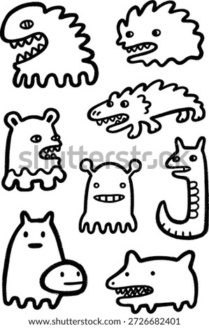 A collection of quirky, hand-drawn vector doodle monsters and whimsical creatures with distinct personalities, perfect for playful graphic design and children's themes
