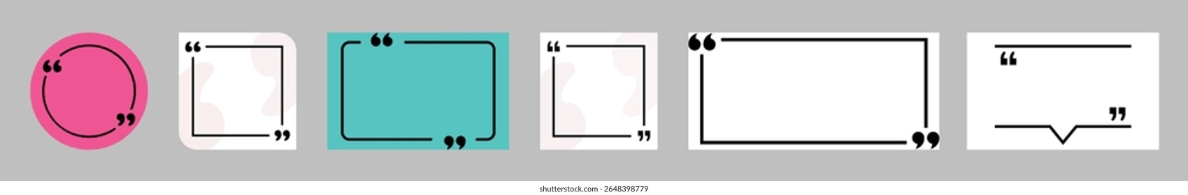 Coleção de ícones de quadro de citação em várias formas, incluindo círculo, quadrado e balão de fala. Ideal para mídias sociais, interface do usuário, UX, cartazes e web design.