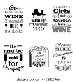 Collection of quote typographical background about champagne and wine. Template for business card, poster and banner