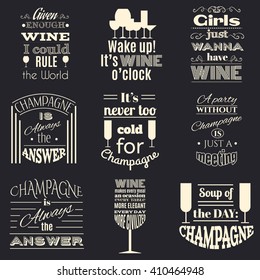 Collection of quote typographical background about champagne and wine. Template for business card, poster and banner with hand drawn elements