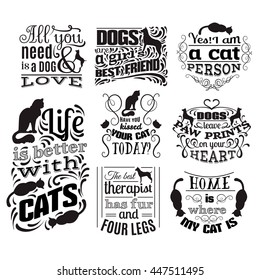 Collection of quote typographical background about cats and dogs with hand drawn waves and scrolls.Vector silhouette of cat. Template for business card poster and banner. Print for clothes.