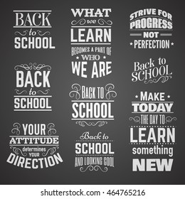  Collection of quote typographical background about school and education made in vintage style. Vector template for card, banner, poster, t-shirt, sweatshirt, bag.