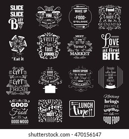 Collection of quote typographical background about food with hand drawn oriental and decorative elements. Illustration of pizza. Unique lettering. Template for poster, business  card and banner