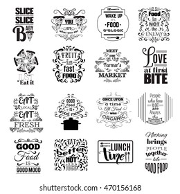 Collection of quote typographical background about food with hand drawn oriental and decorative elements. Illustration of pizza. Unique lettering. Template for poster, business  card and banner