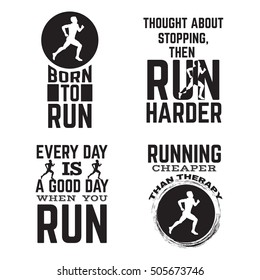 Collection of quote typographical background about running with illustration of runner. Silhouette of running man. Template for postcard banner print for t-shirt