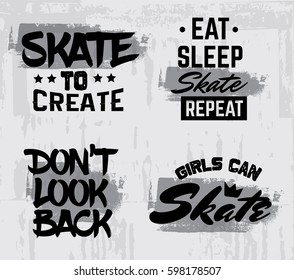 Collection of quote typographical background about skateboard in minimalistic style with grunge vintage fonts. Template for card poster banner print for t-shirt