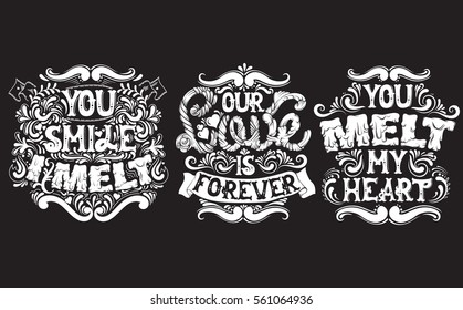 Collection of quote typographical background made in hand drawn style with fairy abstract font. St. Valentine's card poster banner and print for t-shirt.
