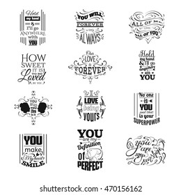 Collection of  quote typographical background with unique hand drawn elements curles and swirls. Illustration of female and male profile, unique lettering . Vector template for card poster and banner.