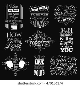 Collection of  quote typographical background with unique hand drawn elements curles and swirls. Illustration of female and male profile, unique lettering . Vector template for card poster and banner.