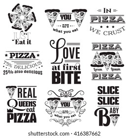 Collection of quote typographical background. Vector illustration of pepperoni pizza in hand drawn cartoon style.  Template for posters business card label and banner with place for your text.