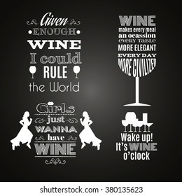 Collection of quote typographical backgrounds with curles and  silhouette of glass and woman. Template for card and banner.Vector EPS10 illustration.