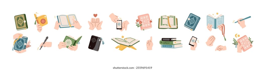 Collection of Quran and Muslim hands gesture illustration. Set of Koran element, Islamic holy book in colored flat vector, isolated on white background. Cute Ramadan month decoration design 