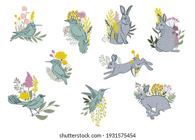 Collection of Rabbit and birds with meadow flowers and leaves. Botanic spring collection. Editable vector illustration.