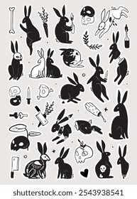 A collection of rabbit silhouettes in black with whimsical, spooky elements like skulls, knives, and plants, ideal for stickers or dark-themed designs