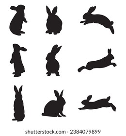 Collection of rabbit silhouettes in various poses. Bunny silhouette