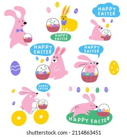 Collection of rabbits with baskets of eggs. Happy Easter. Vector illustrations on white background. 