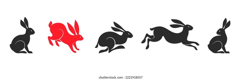 Collection of rabbits, bunnies illustrations. Chinese new year 2023 year of the rabbit - set of traditional Chinese zodiac symbol, illustrations, art elements. Lunar new year concept, modern design