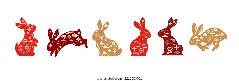 Collection of rabbits, bunnies illustrations. Chinese new year 2023 year of the rabbit - set of traditional Chinese zodiac symbol, illustrations, art elements. Lunar new year concept, modern design - Shutterstock ID 2222803701